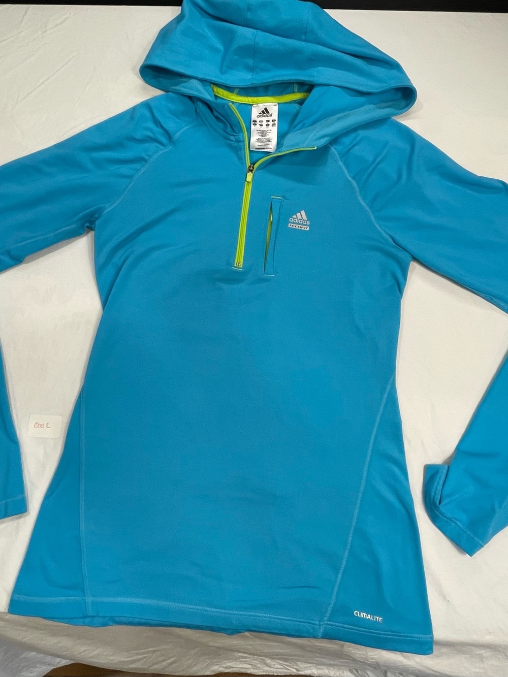 adidas Bright Turquoise Hooded Quarter-Zip Pullover with Neon Yellow Trim